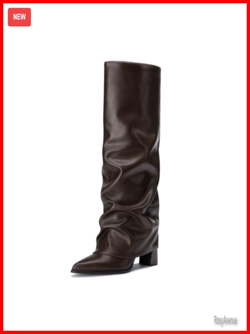 Knee High Boots Women Chunky Heel Fold Over Pointed Toe Faux Leather